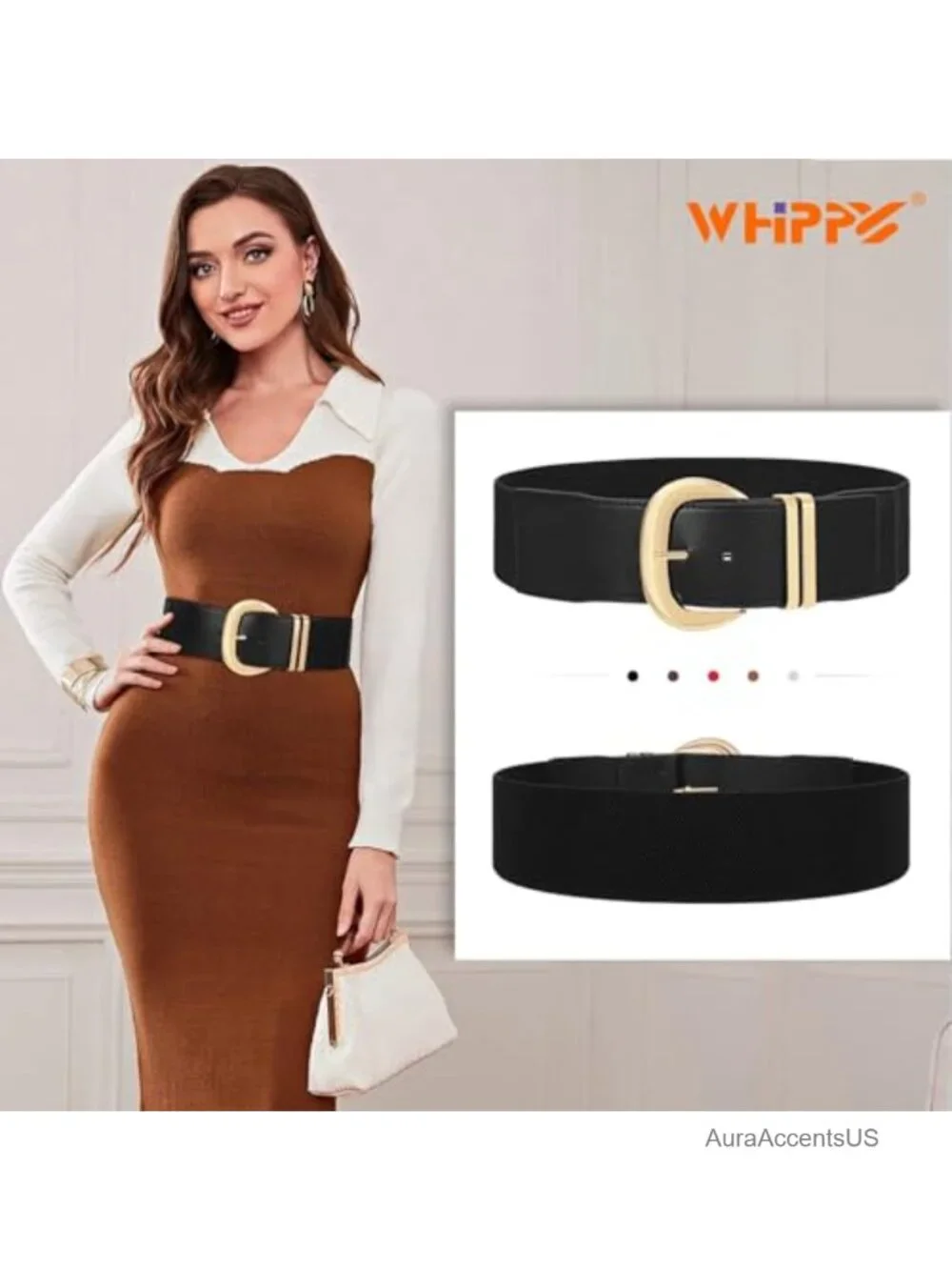 Wide Elastic Belt for Dresses with Gold Buckle Stretchy PU Leather Waistband